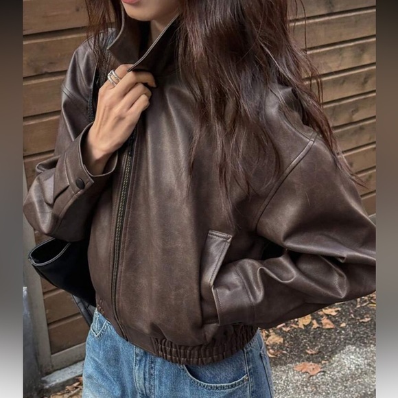 Jackets & Blazers - Vegan leather chocolate brown bomber jacket collared zip up vintage style